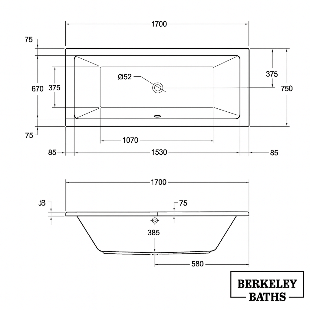 Aqua Carrera Tungstenite Double-Ended Bath – Multiple Sizes – Undrilled Tap Deck