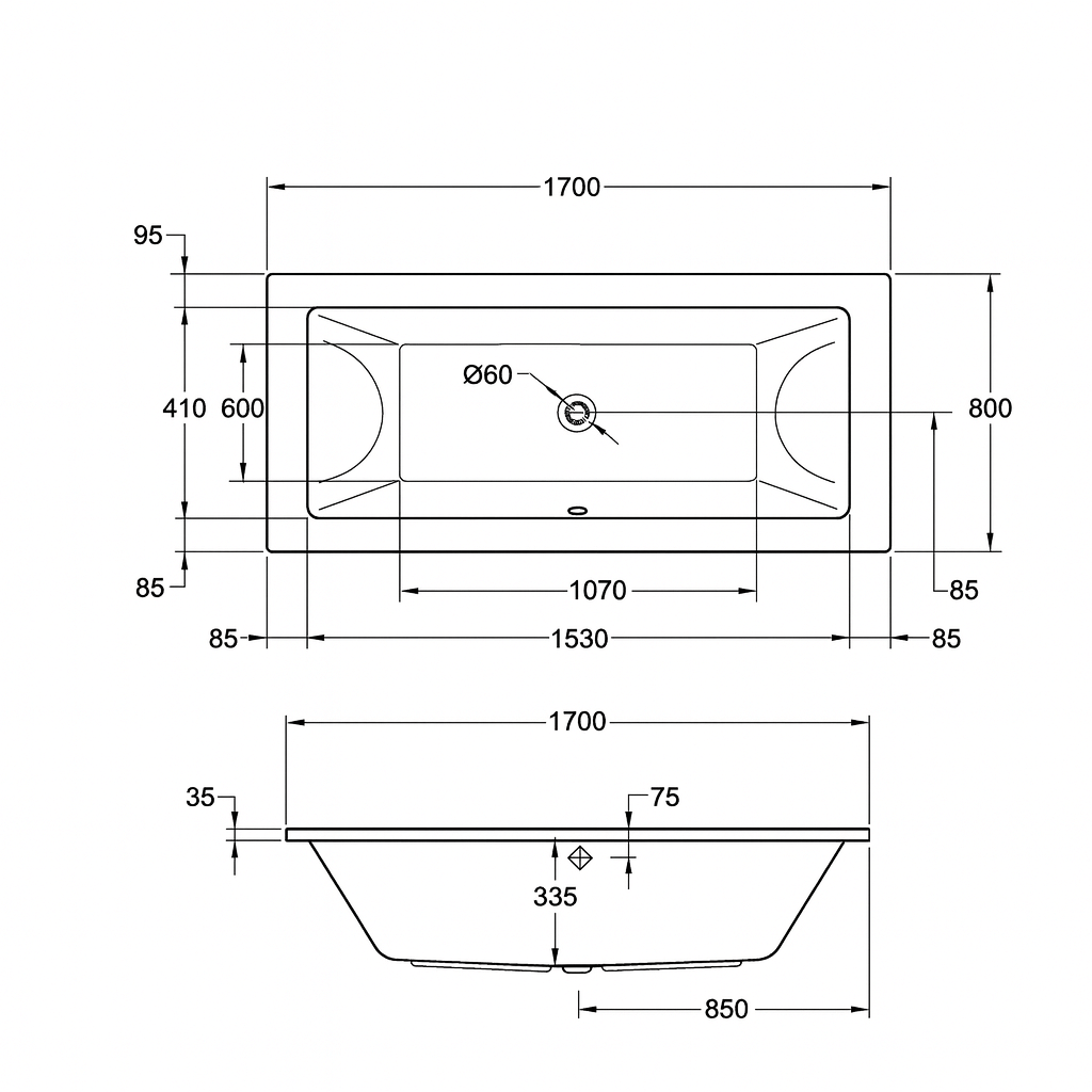 Aqua Carrera Tungstenite Double-Ended Bath – Multiple Sizes – Undrilled Tap Deck