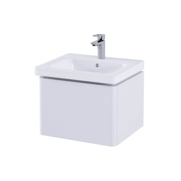 White wall-mounted sink with a silver faucet on a white background