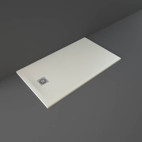 Rectangular white shower tray with a drain on a dark gray background