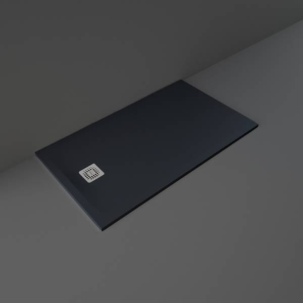 Black rectangular shower tray on a dark gray background