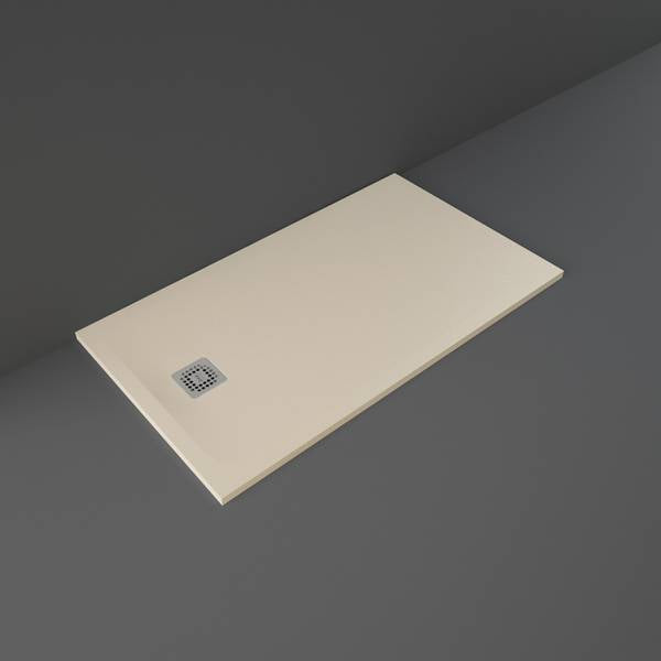 Beige rectangular shower tray with a drain on a dark gray background