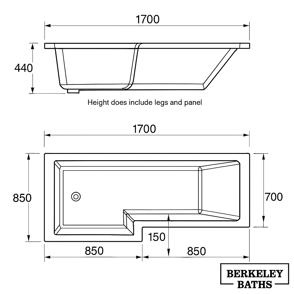 Aqua Blok L Single-Ended Bath – Straight Acrylic – 1700 x 850mm