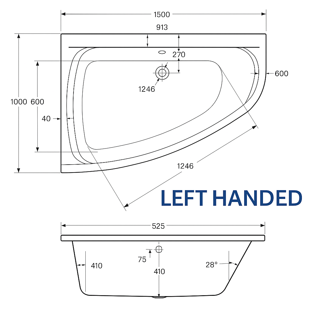 Aqua Cleo Corner Bath – 1500 x 1000mm Double-Ended Acrylic Bath (Left or Right-Hand Option)