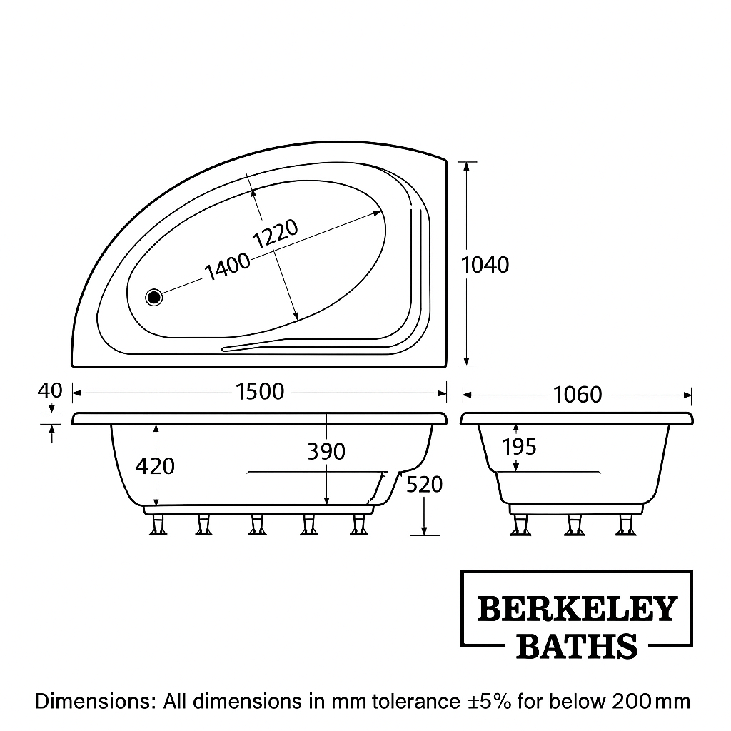 Aqua Orlah Tungstenite Offset Corner Bath – 1500 x 1040mm with Integrated Seat