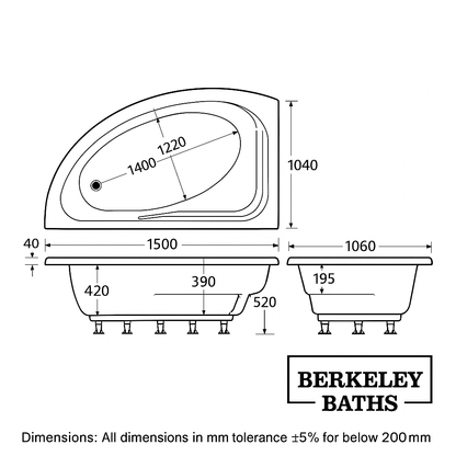 Aqua Orlah Tungstenite Offset Corner Bath – 1500 x 1040mm with Integrated Seat