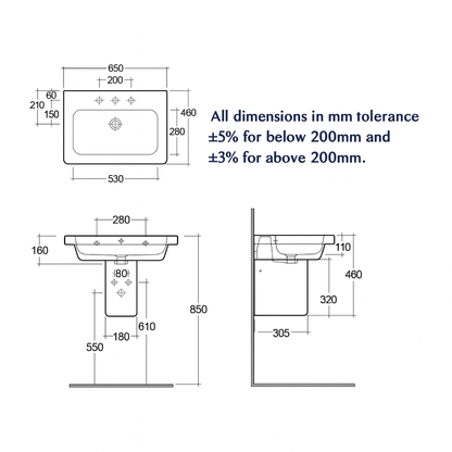 RAK Resort Wall Hung Basin – 650mm – 1 Tap Hole – White