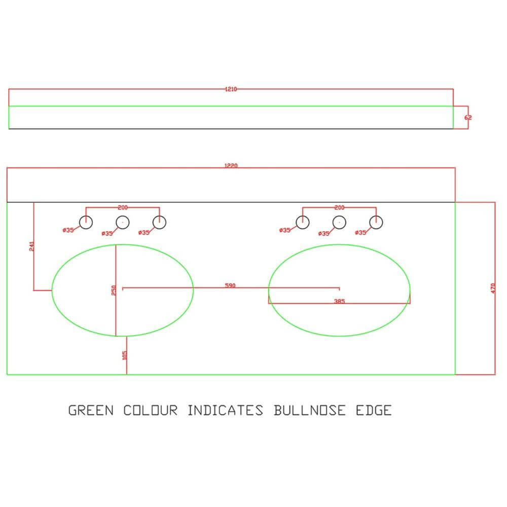 RAK Washington 1200mm White Marble Countertop with Twin Drop-In Basins – 3 Tap Holes Per Basin