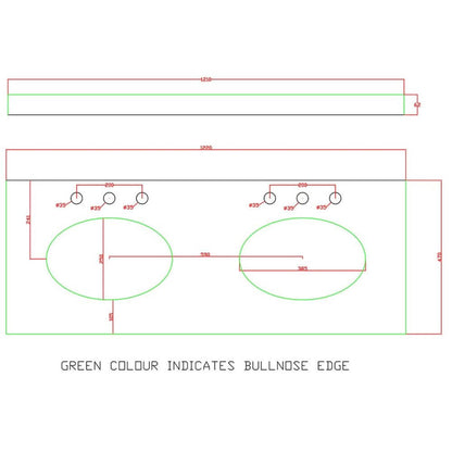 RAK Washington 1200mm White Marble Countertop with Twin Drop-In Basins – 3 Tap Holes Per Basin